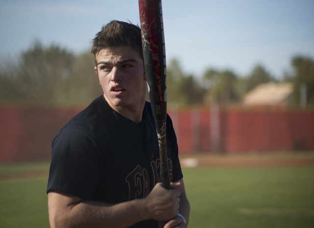 Faith Lutheran’s Blake Giuliani (23) warms up during their game at Arbor View High Sch ...