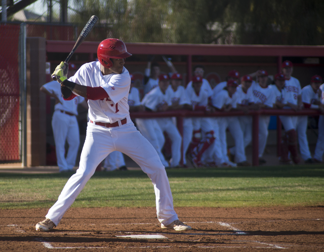 Arbor View’s Trevor Jackson (7) prepares to swing during their game against Faith Luth ...