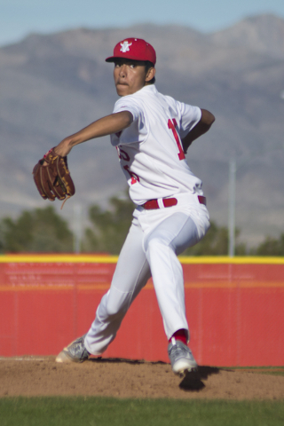 Arbor View pitcher Chris Villarias (15) throws the ball during their game against Faith Luth ...