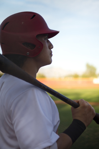 Arbor View’s Nick Quintana (12) waits for his turn at bat during their game against Fa ...