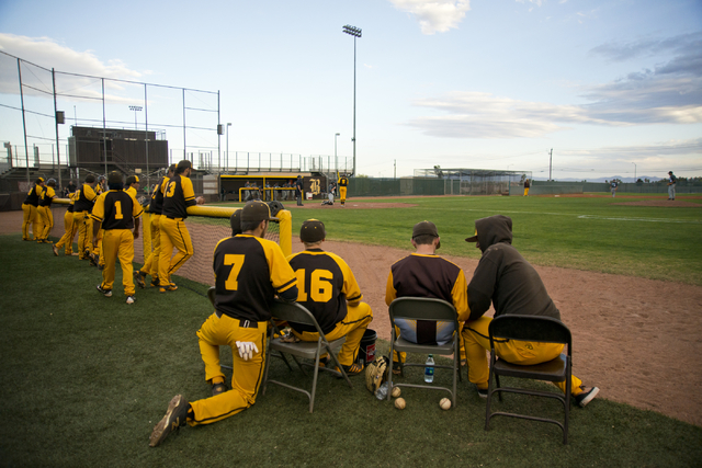 The Bonanza High School baseball team watches during their game against Silverado at Bonanza ...