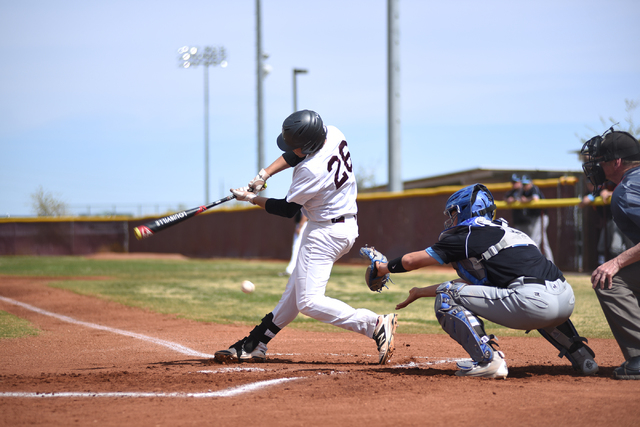 Faith Lutheran’s Jake Koentopp (26) swings at a pitch against Canyon View (Utah) durin ...