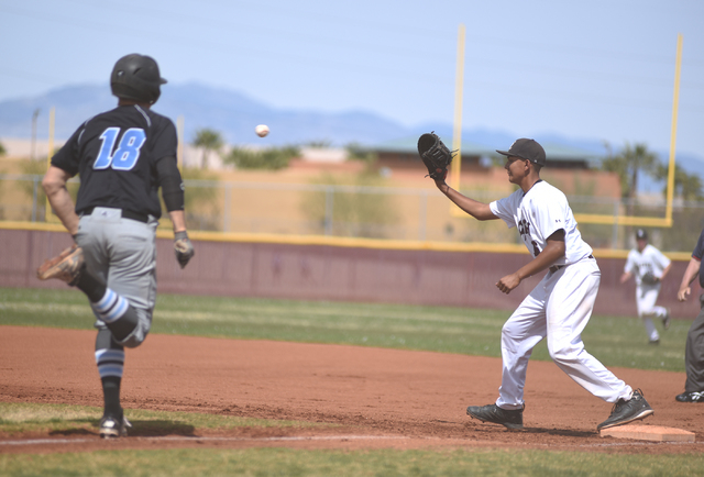 Faith Lutheran’s Jacob Ortega (16) catches an out at first base against Canyon View (U ...