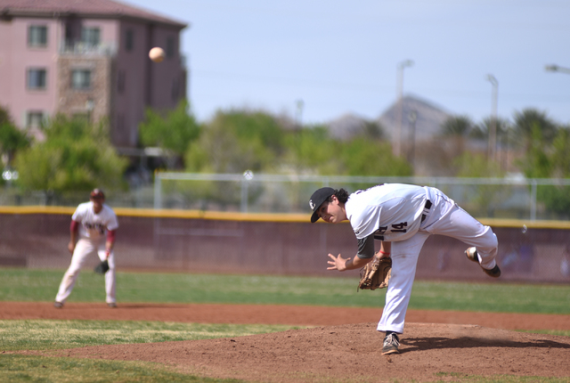 Faith Lutheran’s Dominic Grant (14) pitches against Canyon View (Utah) during their ba ...