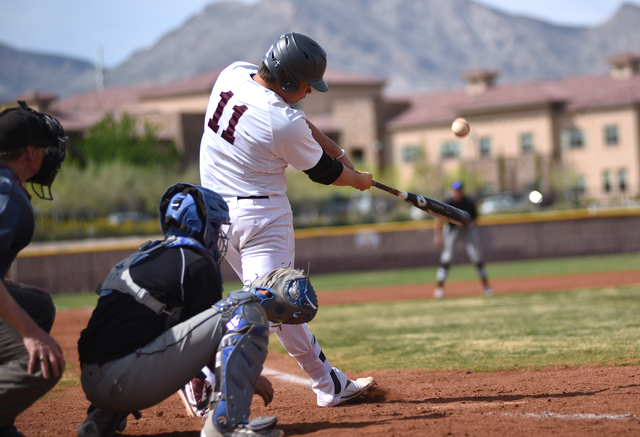 Faith Lutheran’s Zach Trageton (11) hits the ball against Canyon View (Utah) during th ...
