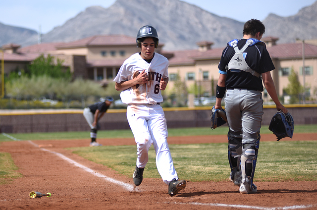 Faith Lutheran’s Derek Von Hake (6) scores a run against Canyon View (Utah) during the ...