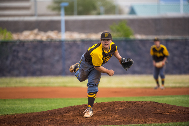 Bonanza pitcher Jay DeSoto (12) pitches to Spring Valley at Spring Valley High School in Las ...