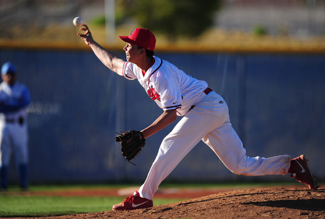 Liberty starting pitcher Dawson Beard delivers to Centennial in the first inning of their pr ...