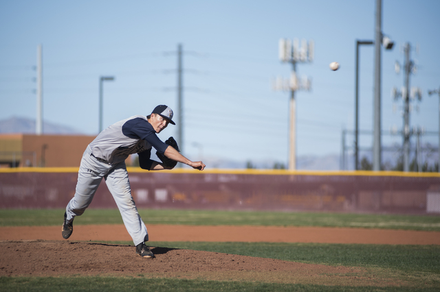 Spring Valley’s Bryce Bullock (4) pitches against Faith Lutheran high school during th ...