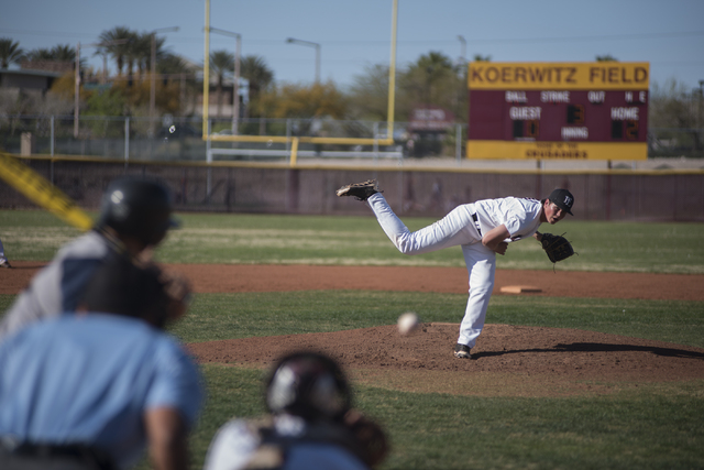 Faith Lutheran’s Zach Trageton (11) pitches against Spring Valley high school during t ...
