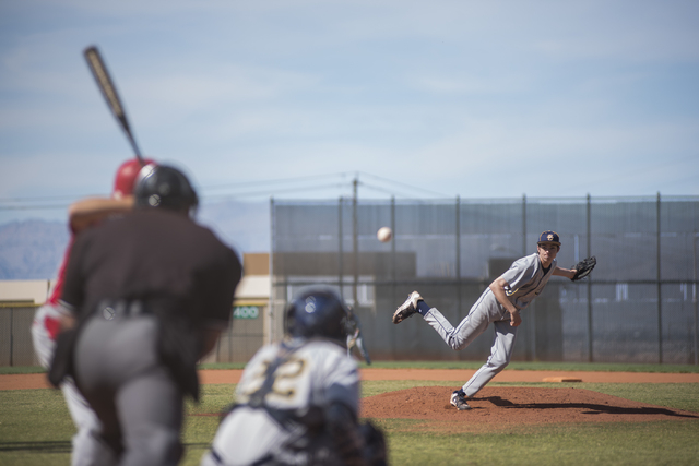 Boulder City’s Steve Wagner (9) pitches against Tech during their baseball game played ...