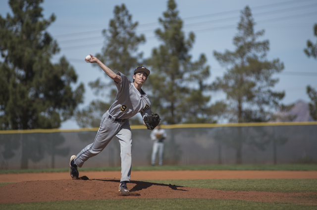 Boulder City’s Steve Wagner (9) pitches against Tech during their baseball game played ...