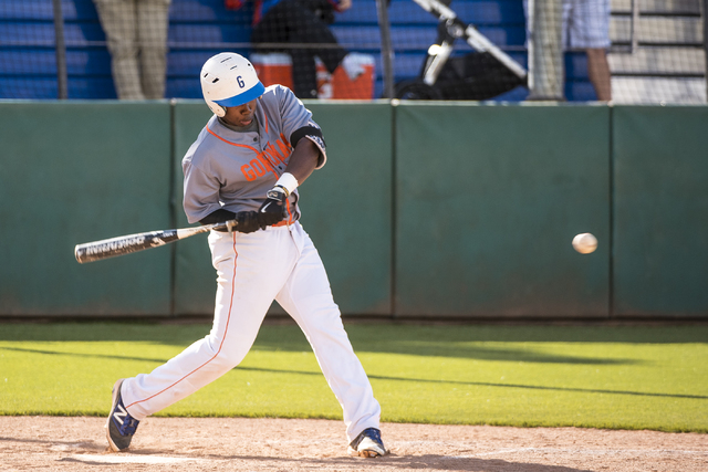 Bishop Gorman third baseman Marques Paige swings at a pitch from O’Gorman (S.D.) at Bi ...