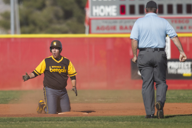 Bonanza’s Byron Naftzger (20) reacts after getting called out at second base against A ...