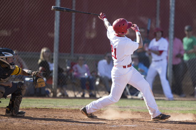 Arbor View’s Ryan McHale (21) hits a home run against Bonanza at Arbor View High Schoo ...