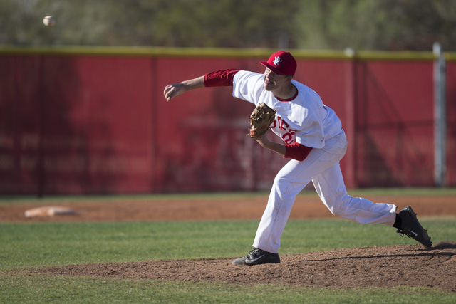 Arbor View pitcher Austin Pfeifer (27) pitches against Bonanza at Arbor View High School in ...