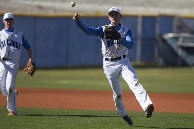 Centennial’s Garrett Holden (21) throws the ball to first base for an out against Arbo ...
