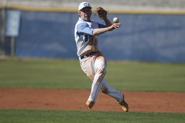 Centennial’s Jake Rogers (42) throws the ball to first base for an out against Arbor V ...