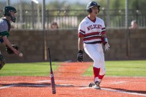 Las Vegas Noah Ponce (27) reacts after striking out against Green Valley in their baseball g ...