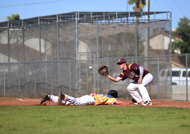 Clark’s Garrett Woodford (9) slides back into first base against Pahrump Valley’ ...