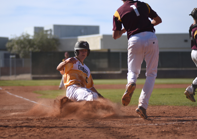 Clark’s Stefan McLin scores a run against Pahrump Valley during their baseball game pl ...