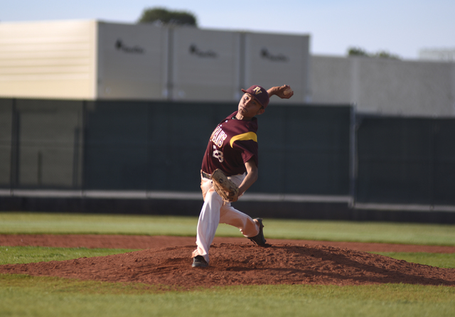 Pahrump Valley’s Bradah Costa (23) pitches against Clark during their baseball game pl ...