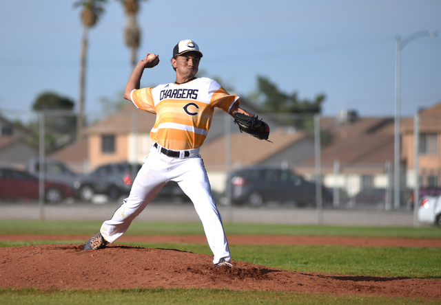 Clark’s Mason Sotelo (59) pitches against Pahrump Valley during their baseball game pl ...