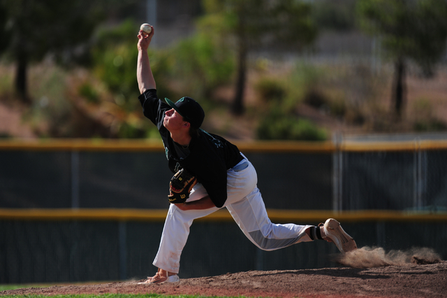 Palo Verde starting pitcher Sam Powers delivers to Desert Oasis third inning of their prep b ...