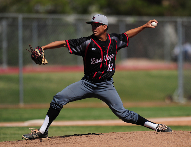 Las Vegas starting pitcher Austin Strong delivers to Foothill in the first inning of their p ...