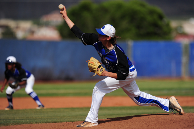 Basic starting pitcher Ryne Nelson delivers to Green Valley in the second inning of their pr ...