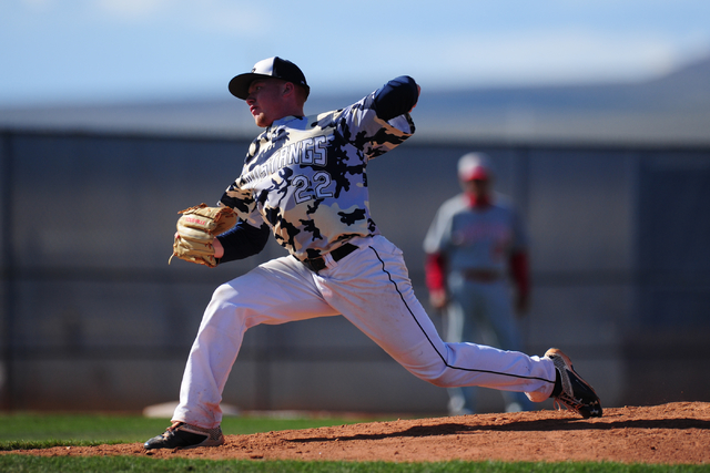 Shadow Ridge starting pitcher Jake Wilson delivers to Arbor View in the third inning of thei ...