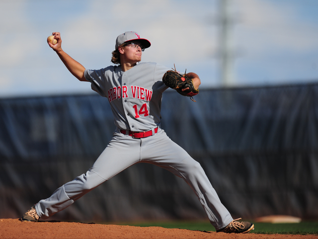 Arbor View starting pitcher Cody Ferguson delivers to Shadow Ridge in the fifth inning of th ...