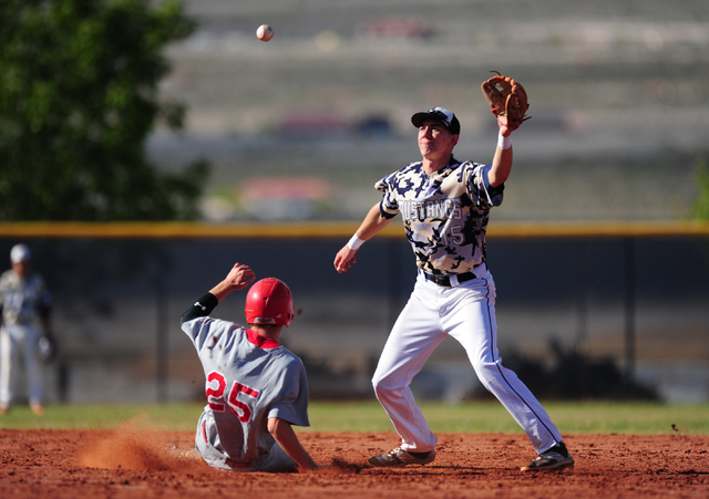 Arbor View baserunner Jacob Hamilton steals second base while Shadow Ridge second baseman Is ...