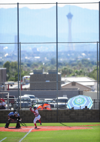 With the Stratosphere tower as a backdrop, Las Vegas batter Jason Herrera stands at the plat ...