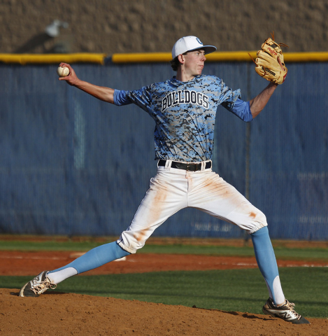 Centennial’s James Harbour (6) delivers a pitch against Las Vegas during their basebal ...