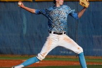 Centennial’s James Harbour (6) delivers a pitch against Las Vegas during their basebal ...