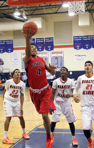 Findlay Prep guard Allonzo Trier (4) goes up for a shot in front of Wasatch Academy’s ...