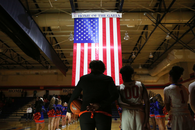 The national anthem is sung on Monday, Feb. 6, 2017 at Bishop Gorman High School in Las Vega ...