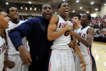 Findlay Prep forward Horace Spencer III (0), forward Khalea Turner, (left), and teammates ce ...