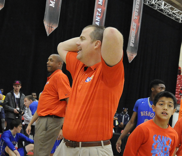Bishop Gorman head coach Grant Rice reacts after Findlay Prep’s 50-49 victory over Bis ...