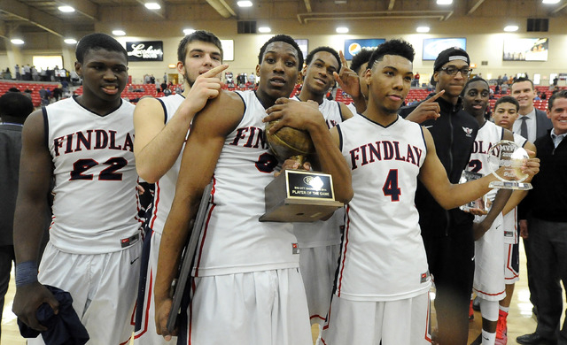 Findlay Prep forward Horace Spencer III (0), forward Donnie Tillman (22), guard Allonzo Trie ...