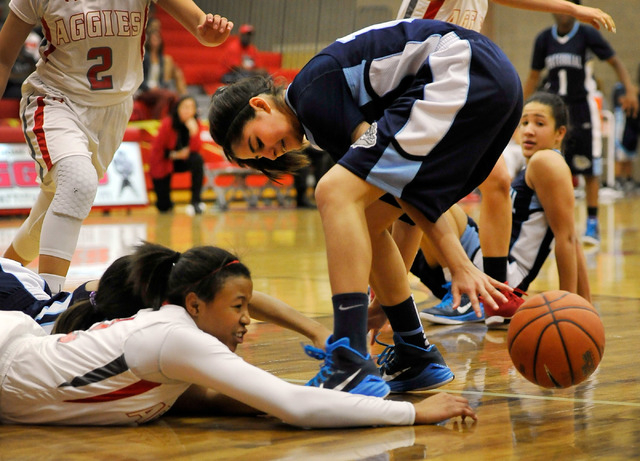 Arbor View’s Ariona Gill, left and Centennial’s Sarah Kruthaupt chase a loose ba ...