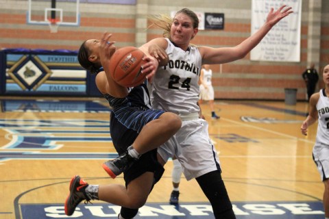 Foothill’s Gabby Doxtator fouls Canyon Springs’ Alize Bell on Tuesday. Doxtator ...