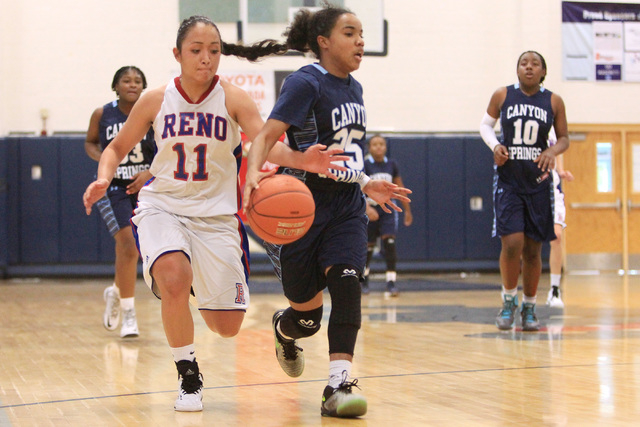 Reno guard Daranda Hinkey reaches in to steal the ball from Canyon Springs guard D’Lic ...