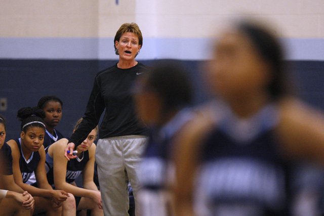 Centennial coach Karen Weitz talks to her players during the championship game of the Las Ve ...