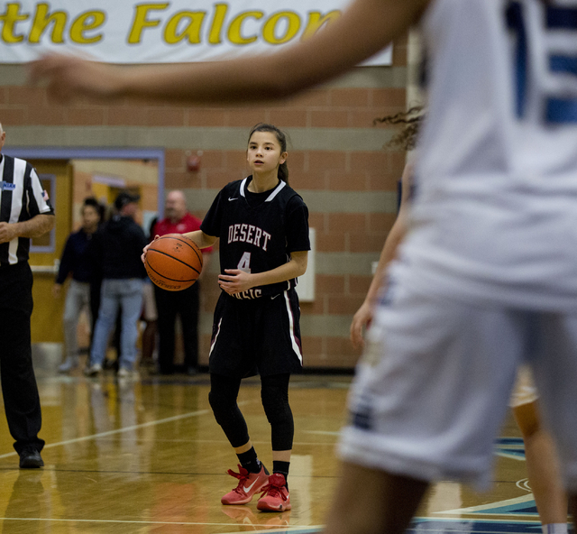 Desert Oasis’ Brianna Clark, (4), prepares to pass the ball during a game against Foot ...