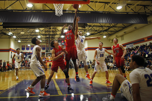 Coronado’s forward Taieem Comeaux (44) goes up for a shot against Bishop Gorman during ...