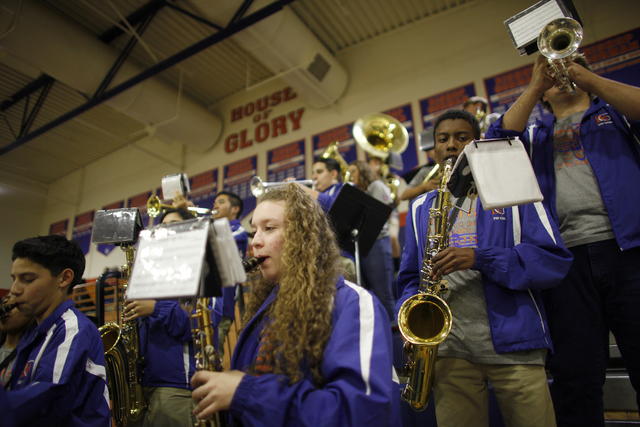 Bishop Gorman’s band performs during a basketball game at Bishop Gorman High School on ...