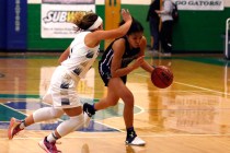 Durango’s Aaliyah Matthews (11) drives towards the hoop during a high school basketbal ...