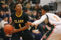 Clark’s Keyshaun Webb, left, is guarded by Mojave’s Daryl Adams during Monday’ ...